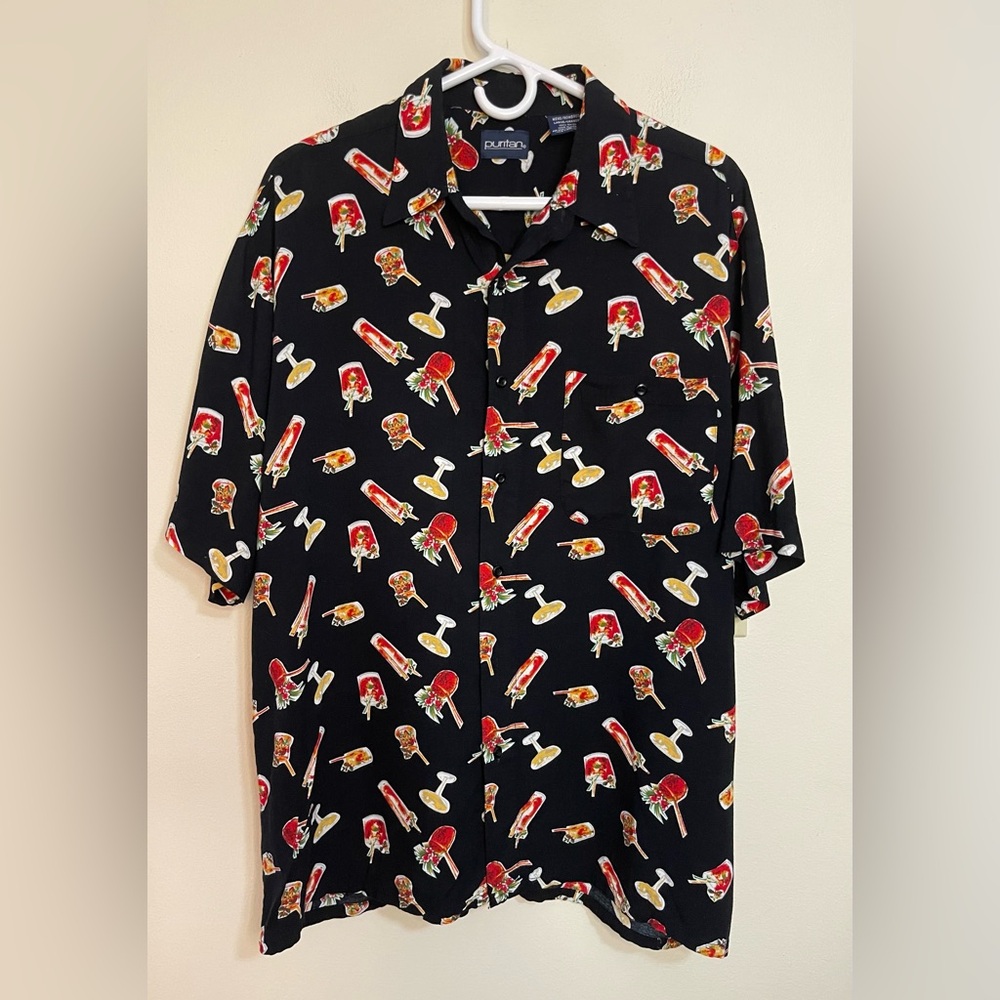 Puritan Men’s Shirt Button Up Short Sleeve Black Hawaiian Cocktail Print Sz L